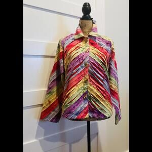 Art to Wear style Keren Hart Vibrant Striped Ruffled Button-Up Shirt - Size S